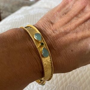 Julie Vos Bangle bracelet with aqua chalcedony and small peridot stones.